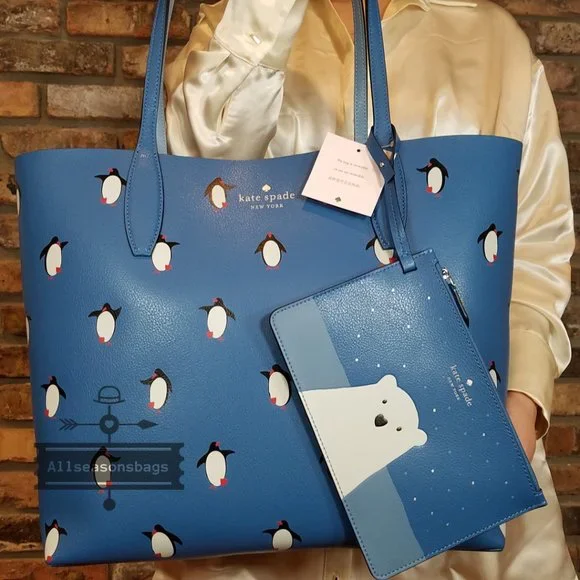 KATE SPADE ARCTIC FRIENDS PENGUIN LARGE REVERSIBLE TOTE W/WRISLET K4745 NWT $35 - Picture 9 of 9